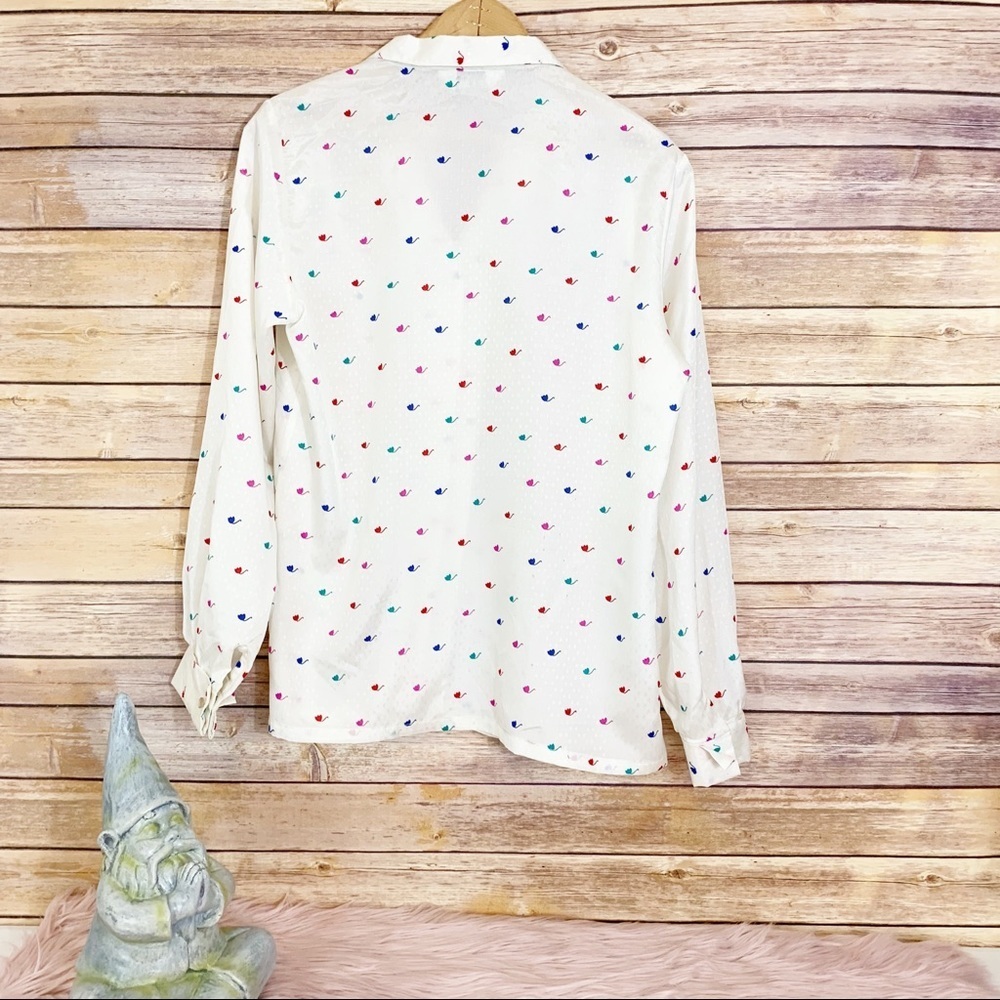 Vintage 1980s Cheryl Tiegs White Blouse Rainbow Flowers Tulips Long Sleeve - Picture 5 of 8